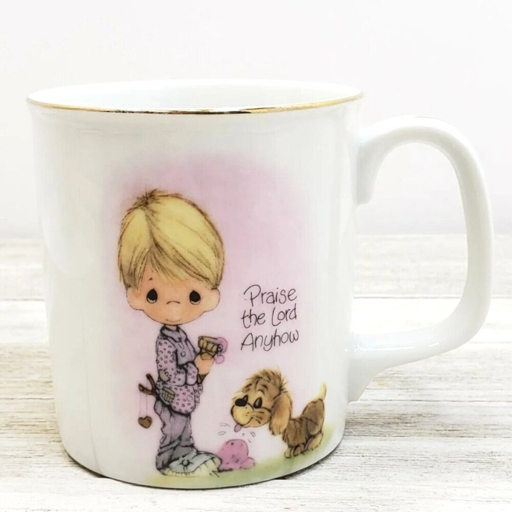 Vintage Precious Moments Coffee Mug Praise the Lord Anyhow 80s Enesco Cup Artsy